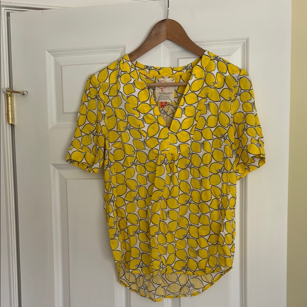 Anthropologie Yellow Lemon Graphic Short Sleeve Blouse
